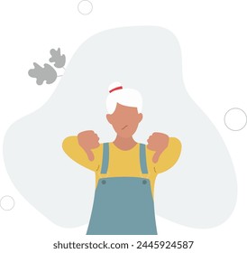 Desagrado de la visualización de caracteres mediante gesto de pulgar hacia abajo. Desaprobación O Desagrado. Ilustración vectorial plana. Abuela vieja