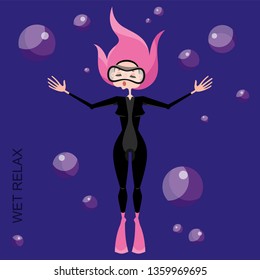 The character of the diver in the blue sea. A young girl with pink hair swims under water in a wetsuit, flippers and a mask. Vector illustration in cartoon style.
