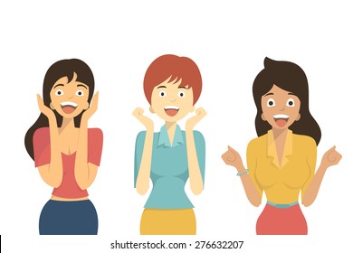 Character of diverse woman in excited, happy,  shocking, amazement, screaming, winning, joyful, and surprised. Flat design. Isolated on white.