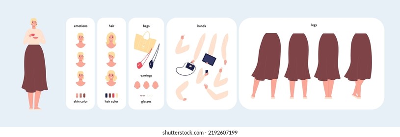 Character diy kit. Vector flat design people illustration. Woman constructor element set. Body positive female avatar with various emotion, hair, skin, bag, earnings, glasses, hands and leg in skirt