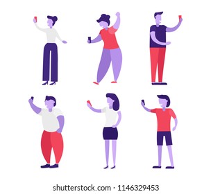 Character do selfie set. People taking selfie. Women, men and children stand and hold their smartphones and texting, talking, listening music. Flat cartoon style vector illustration isolated.