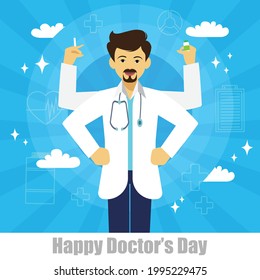 The character of doctor have four hands like a god on blue background