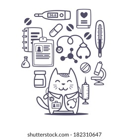 Character doctor in medical coat with a stethoscope line art composition of professional accessories. Cat male stands smiling and holding a  syringe