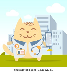Character doctor in medical coat with a stethoscope colorful flat. Cat male stands on the street outside the city holding a syringe