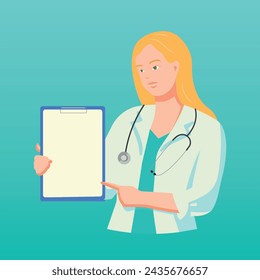 The character is a doctor, nurse Vector illustration of a doctor advising you to follow the recommendations for recovery, maintaining health. Examination in the hospital. Medical Worker's Day. EPS10
