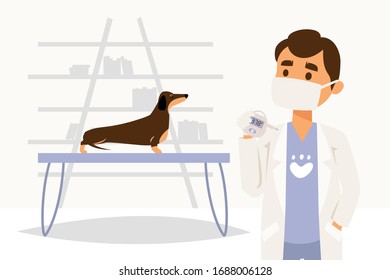 Character doctor physician, veterinarian, measure temperature of dog, pet, isolated on white, flat vector illustration. Medical room, table, thermometer, measuring device. Web concept banner.