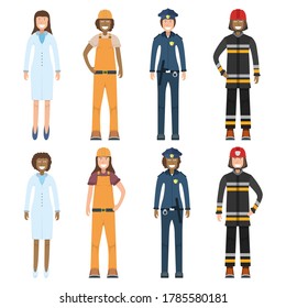 Character doctor, policeman, worker, firefighter standing isolated on white, flat vector illustration. Human female important professional activity, smiling people profession, social occupation.