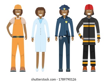 Character doctor, policeman, worker, firefighter standing isolated on white, flat vector illustration. Human female important professional activity, smiling people profession, social occupation.