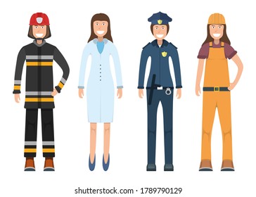 Character doctor, policeman, worker, firefighter standing isolated on white, flat vector illustration. Human female important professional activity, smiling people profession, social occupation.