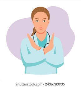 Character doctor, profession. The doctor shows a prohibiting gesture with his hands. Informing people in flat style.
EPS10