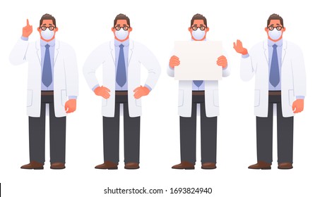 Character of a doctor in a protective medical mask in various poses and gestures on a white background. Vector illustration in cartoon style