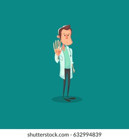 Character "doctor" says "stop." It's good for infographics or medical banners.  Vector illustration.