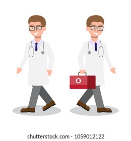 Character doctor set. Man walking and holding bag. Vector illustration. EPS10. Medical concept.