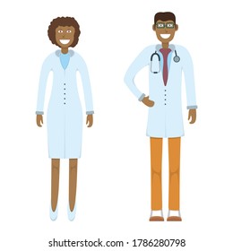 Character doctor standing isolated on white, flat vector illustration. Human male and female important physician professional activity, smiling people profession, social occupation.