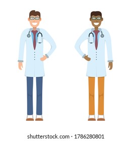 Character doctor standing isolated on white, flat vector illustration. Human male and female important physician professional activity, smiling people profession, social occupation.