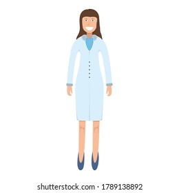 Character doctor standing isolated on white, flat vector illustration. Human female important physician professional activity, smiling people profession, social occupation.