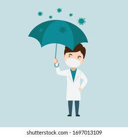 Character Doctor with umbrella protect fighting the coronavirus, vector illustration