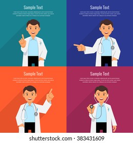 Character doctor in a white coat with a stethoscope. Set banner for health care. Vector illustration. Flat Design