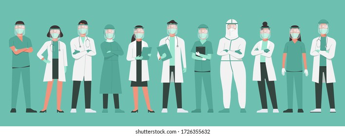 character of doctors, nurses and medical staff wearing protective suit, goggle, face shield, surgical face mask and n95 respirator standing together to fight COVID-19, cartoon flat vector illustration