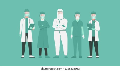 personaje de médicos y enfermeras con trajes protectores, portafolios y escudo facial parados juntos para luchar contra el COVID-19, personajes médicos masculinos y femeninos ponen dibujos animados de ilustraciones planas vectoriales