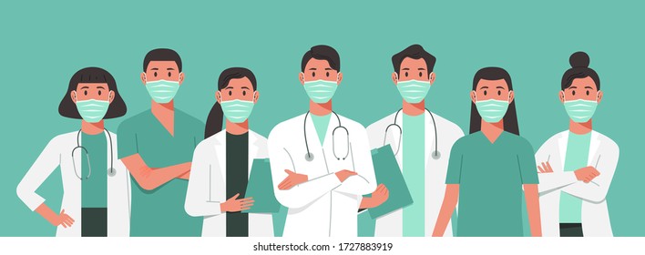 character doctors and nurses wearing a surgical face mask and standing together to fight COVID-19, male and female medical workers set cartoon flat vector illustration