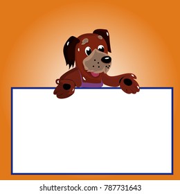 Character dog with empty frame for writing, cartoon on brown background, vector