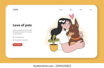 Character with a dog web banner or landing page. Happy woman and puppy spend time together. Friendship between animal and pet owner. Cute scene. Flat vector illustration