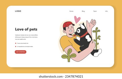 Character with a dog web banner or landing page. Happy man and pet spend time together. Friendship between animal and pet owner. Cute scene. Flat vector illustration