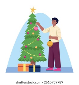 A character doing a christmas decor, flat style illustration