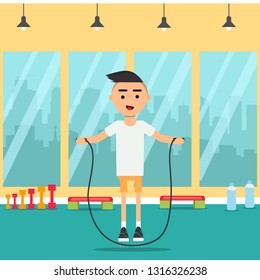 Character doing exercises with a jump rope in the gym.flat cartoon design