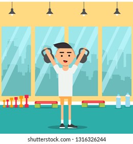 Character doing exercises with a kettlebell in the gym.flat cartoon design