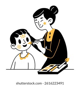 A character doing face painting, hand drawn style illustration 