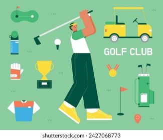 A character doing a golf swing. Golf objects of simple design are organized around him. flat vector illustration.