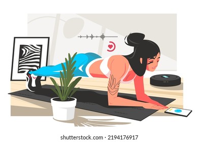 El personaje que hace deportes en el hogar sigue las instrucciones en la ilustración del vector del teléfono. Las chicas hacen ejercicio de estilo plano. Entrenamiento en casa, concepto deportivo