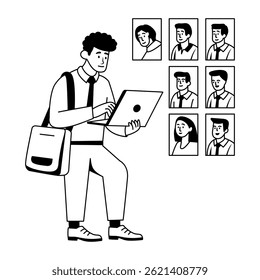 A character doing job hunting on laptop, illustration in glyph style 
