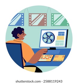 A character doing movie editing, flat style illustration 