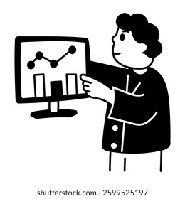 A character doing online analysis on a system, hand drawn illustration 
