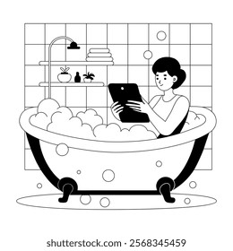 A character doing relax work in a bathtub, hand drawn illustration