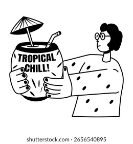 Un personaje haciendo tropical chill, pegatina de estilo glifo 