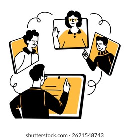 A character doing a virtual meeting, hand drawn illustration 
