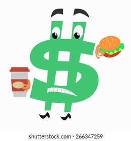 character dollar sign with hamburger and Cup of coffee