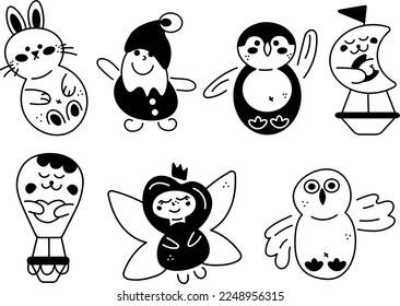 Juego de doodles de caracteres2. 7 lindo personaje. Dibujo vectorial blanco y negro de dibujos animados.