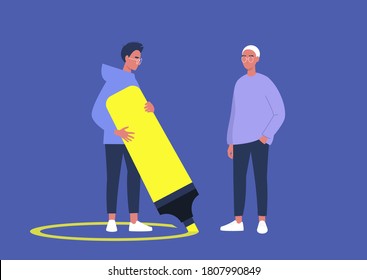 A character drawing a line around themselves with a neon yellow highlighter, a virus spread prevention, personal boundaries