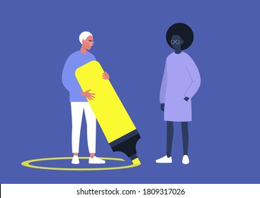 A character drawing a line around themselves with a neon yellow highlighter, a virus spread prevention, personal boundaries