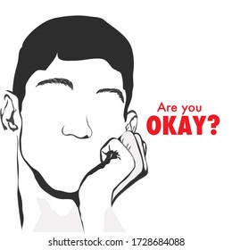 Character drawing of a thoughtful, sad young man, in monochrome. Mental health awareness banner/poster. Space for Custom text.