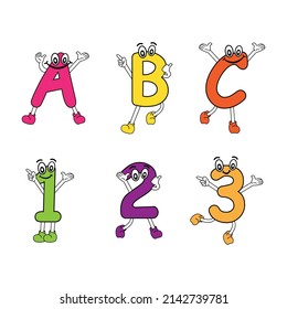 Character drawings of letters A B C and numbers 1 2 3 on a white background