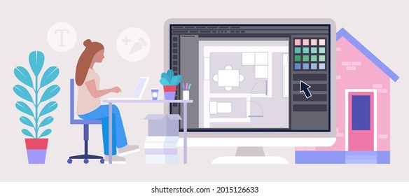 Character draws a drawing of the future house. Colorful flat vector illustration