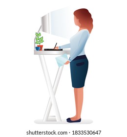 The character draws with a pen on a graphics tablet. Home and office work concept. Flat cartoon style. Can be used for collages, websites, stickers. For business and finance. Freelance at home.