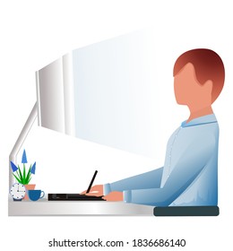 Das Zeichen zeichnet mit einem Stift auf einem Grafiktablett. Konzept der Hausarbeit und der Büroarbeit. Auffrischungskurse. Flacher Cartoon-Stil. Kann für Collagen, Websites, Aufkleber verwendet werden. Für Unternehmen und Finanzen.