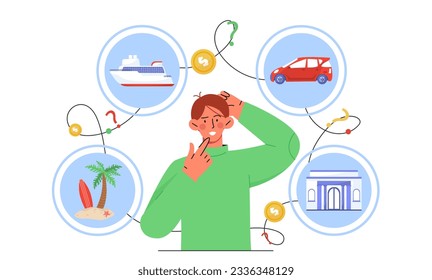 Character dreams about wealth concept. Young guy think about liner, automobile, island and bank. Vacation, savings or transport. Man with financial targets. Cartoon flat vector illustration